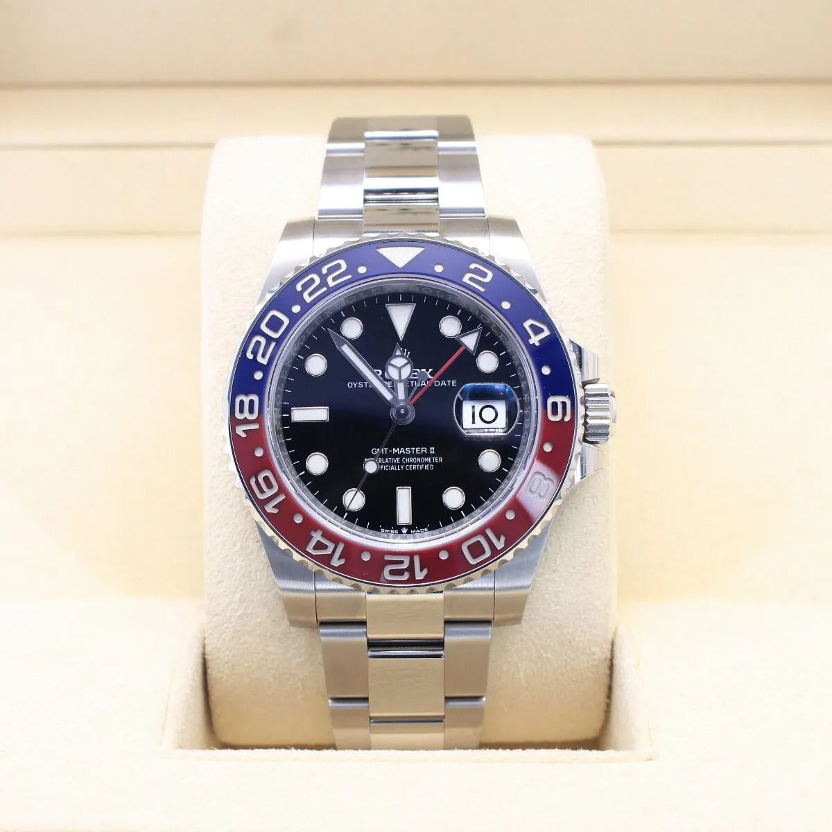 Rolex GMT-Master II 126710BLRO Pepsi Bezel Stainless Steel Luxury watch with a blue and red bezel on a light background